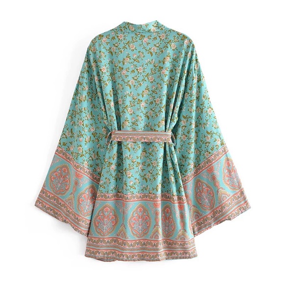 Minted Pink Lotus Vintage Boho Cotton Kimono Robe - Picture 2 of 8